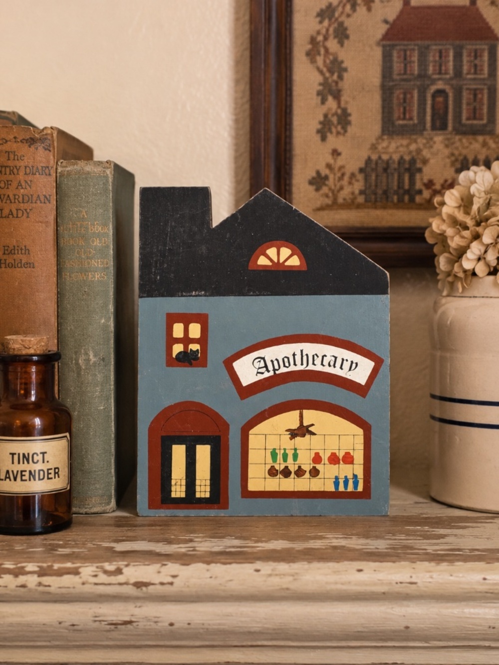 Vintage 1983 Cat’s Meow Apothecary Wooden House Shelf Sitter Folk Art Decor